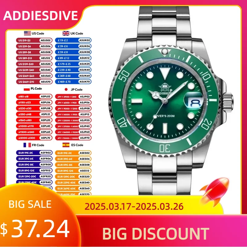 ADDIESDIVE Stainless Steel Dive Mens Watches European and American Business H3 Quartz Watch Waterproof Outdoor Sports Wristwatch