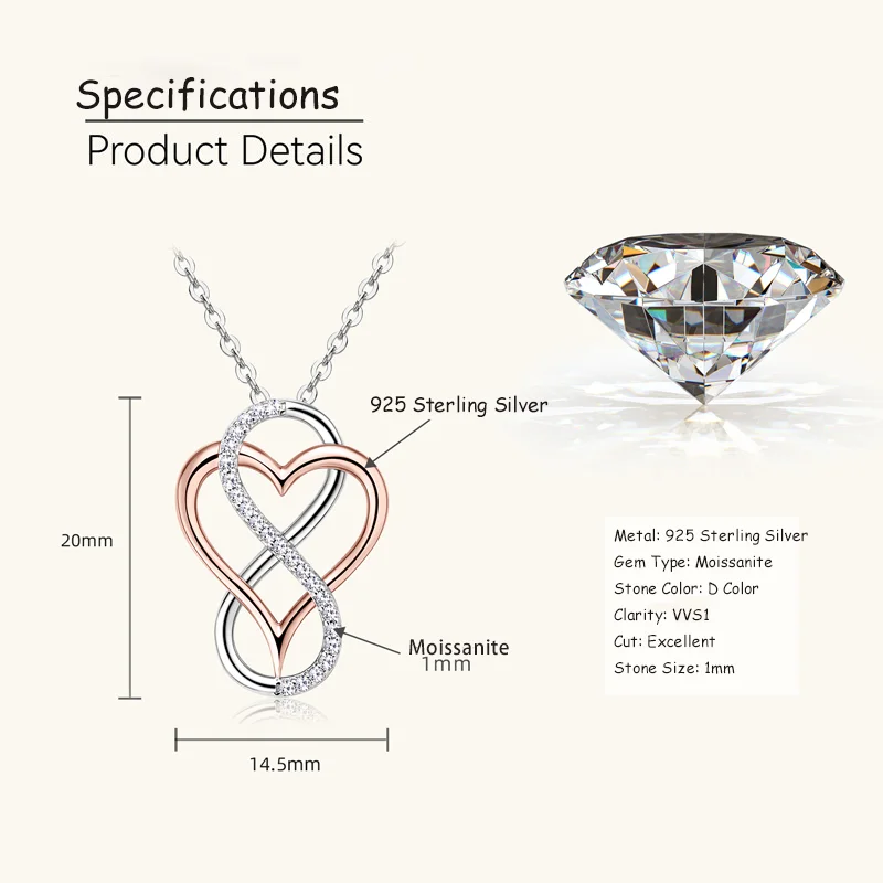 RAPRGOLD Certified Full Moissanite Heart Infinite Pendant Necklace for Women 925 Sterling Silver Chain Fine Jewelry Gift Collare