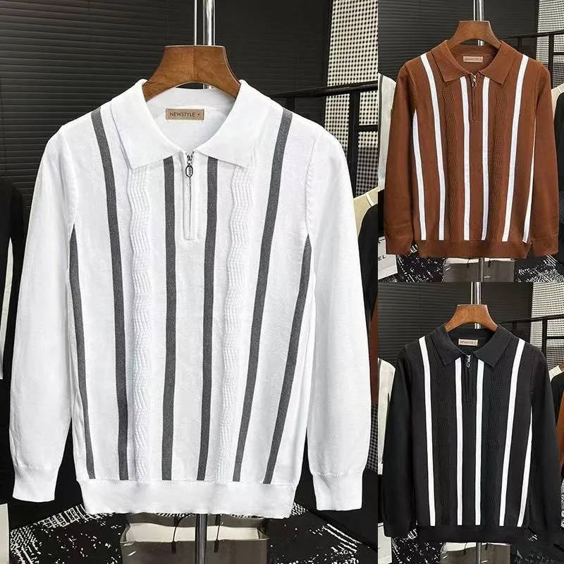 قميص بولو رجالي محبوك بأسلوب بريطاني عتيق، بألوان متباينة وخطوط، ضيق ومناسب للجسم، بأكمام قصيرة، مصنوع من الحرير والقطن والحر...