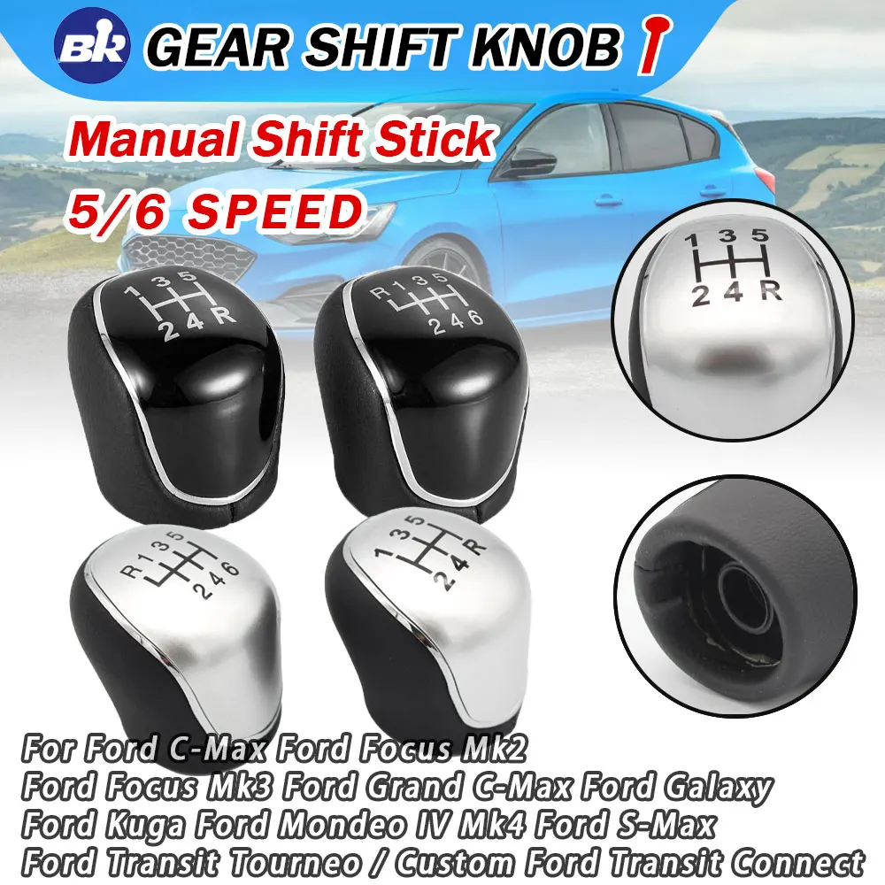 Fit Ford Mondeo 4 Mk4 Focus S-Max C- Max Kuga Galaxy 5/6 Speed Gear Shift Knob Leather Shifter Lever Arm Headball Car Accessory