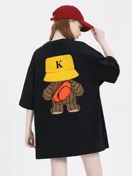 100% Cotton Woman T-Shirts Fashion Cute Teddy Bear Graphic Prints Tees Loose O-Neck Soft Short Sleeve Breathable Female Clothes