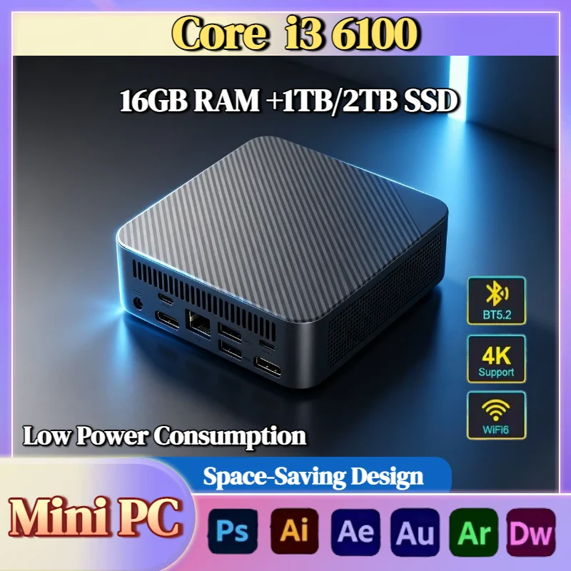 Intel i3 6100 Mini Desktop Computer 16GB DDR4 512GB NVMe SSD Triple 4K WiFi6 BT5.2 Silent Cooling Office Home Pro Max Unit