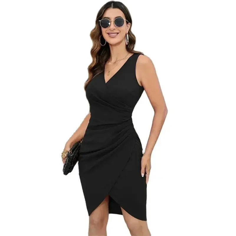 

Sexy Slim Fit Wrap Bodycon Dresses Women Crossover V Neck Cocktail Work Gown Female Commuter Frock Summer Sleeveless Dress 2024