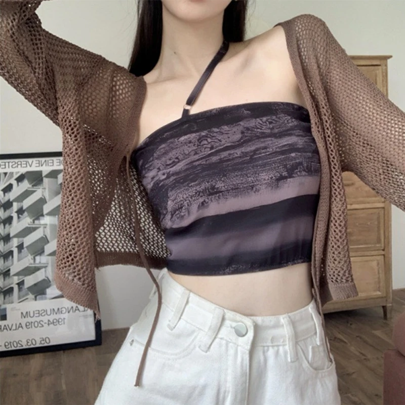 

Women Spring V-Neck Lace-Up Front Long Sleeve Cardigan Crop Top Hollow Out See Through Fishnet Mesh Shirts Solid Color Casual Up