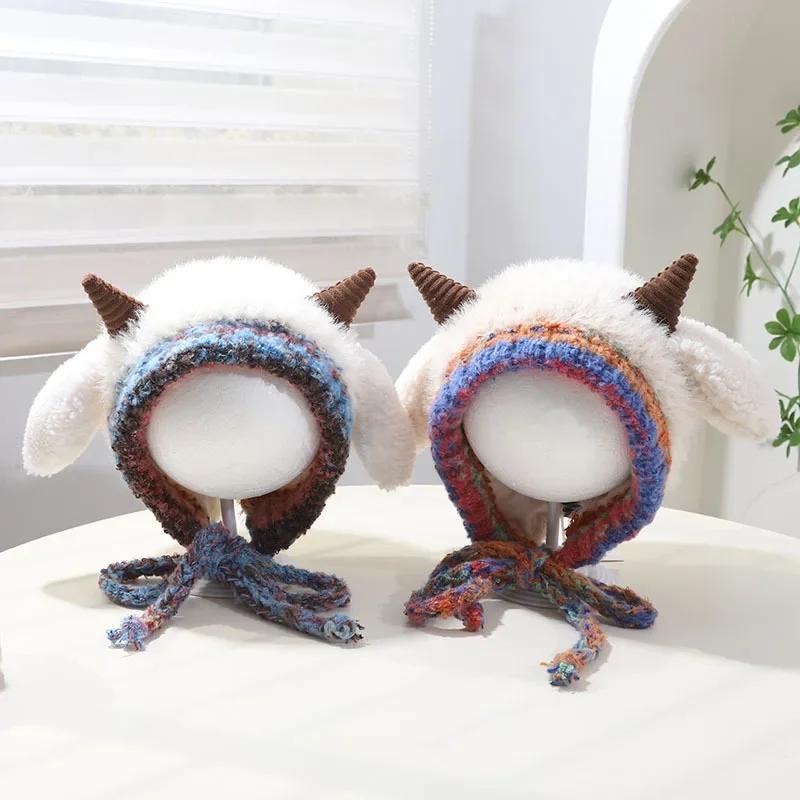 

Детская шапка из флиса с рисунком ягненка, милая плюшевая защитная шапка для ушей, теплые шерстяные пуловеры для мальчиков и девочек