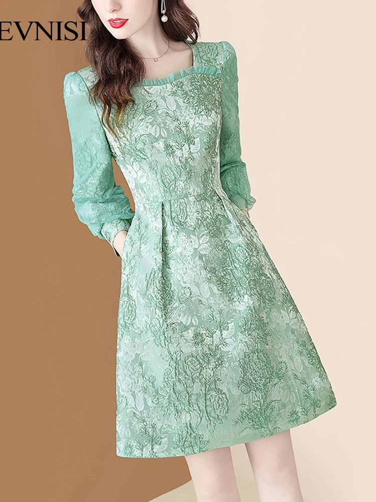 EVNISI-Robe Brodée Imprimée pour Femme, Tenue Éducative, à Volants, Col Carré, Taille Verte, Florale, Élégante, Bureau, Hiver