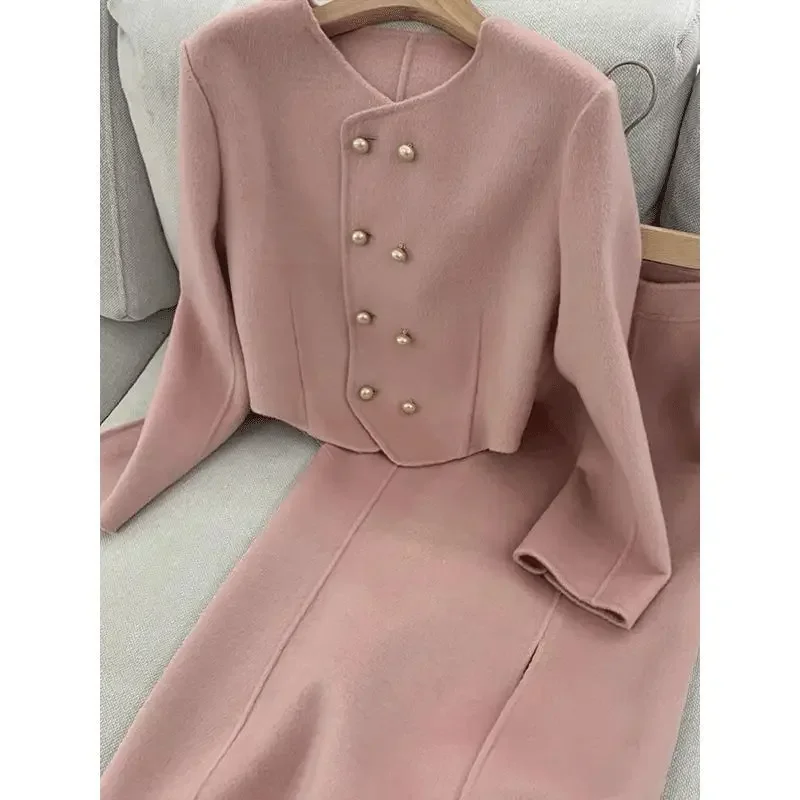 UNXX Women Skirt Suits Office Lady Tweed Set O Neck Button Cropped Jackets Bodycon Long  Elegant Female 2 Pieces Sets