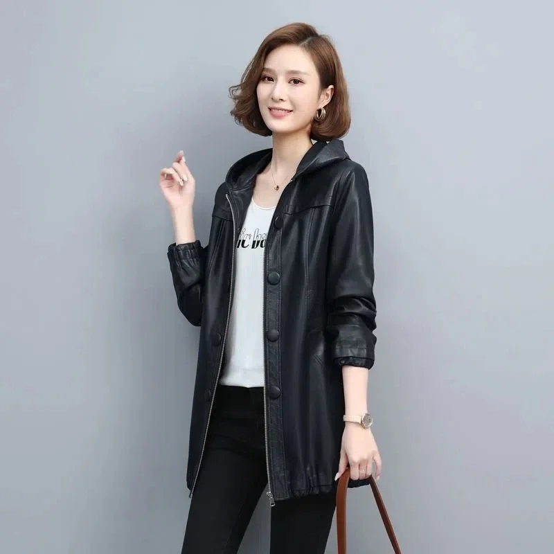 Black PU leather Jacket Women\'s 2024 Spring Autumn New Slim Hooded Leather Windbreaker Coat Thicken Cotton Long Parkas Overcoat