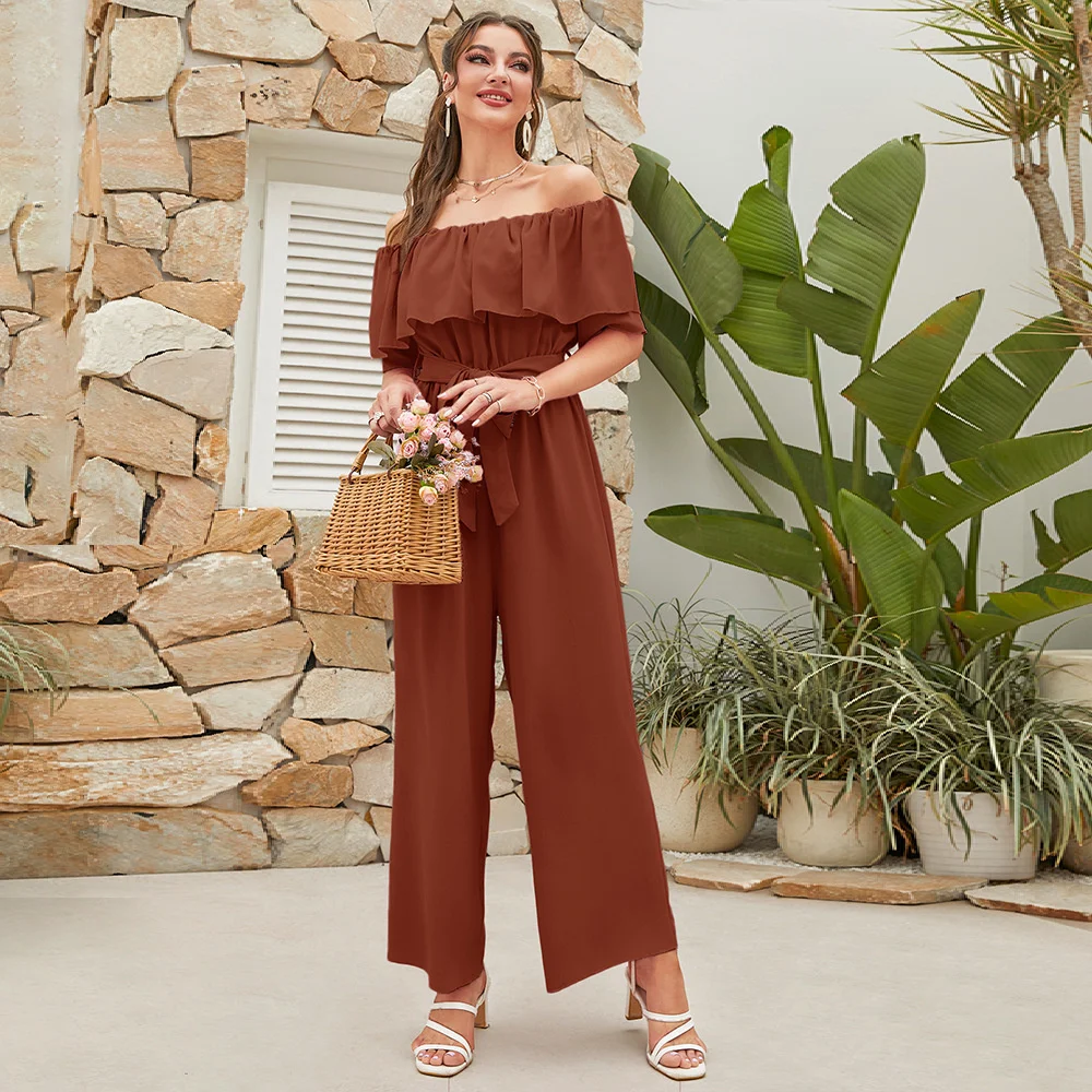 European and American Women's 2023 Summer New Fashion Casual Off Shoulder Lotus Leaf Sleeve Lace Up Nine Split Wide Leg