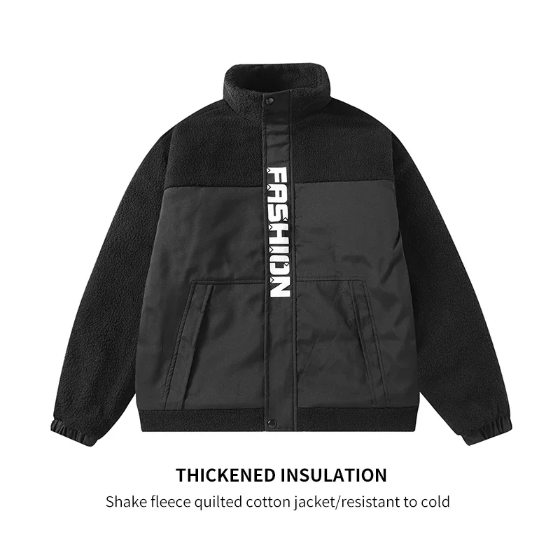 

Vintage Polar Fleece Men Jacket Oversized Contrast Color Coats Warm Male Outwear Winter Stand Collar Parkas Jackets Mens Clothes
