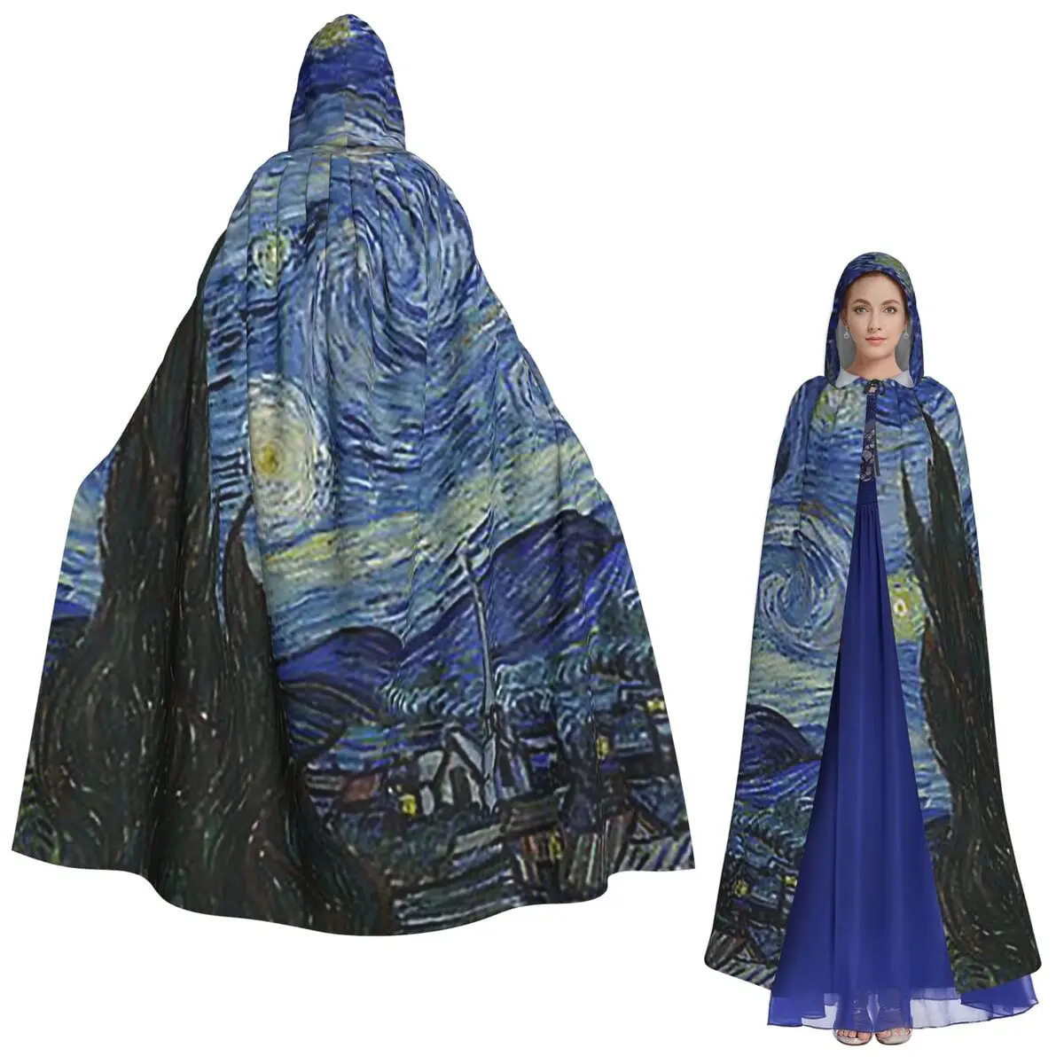 ليلة مرصعة بالنجوم (فنسنت فان جوخ) عباءة طويلة بقلنسوة ساحرة في القرون الوسطى زي تنكري كيب الهالوين مصاص دماء للبالغين للجنسين
