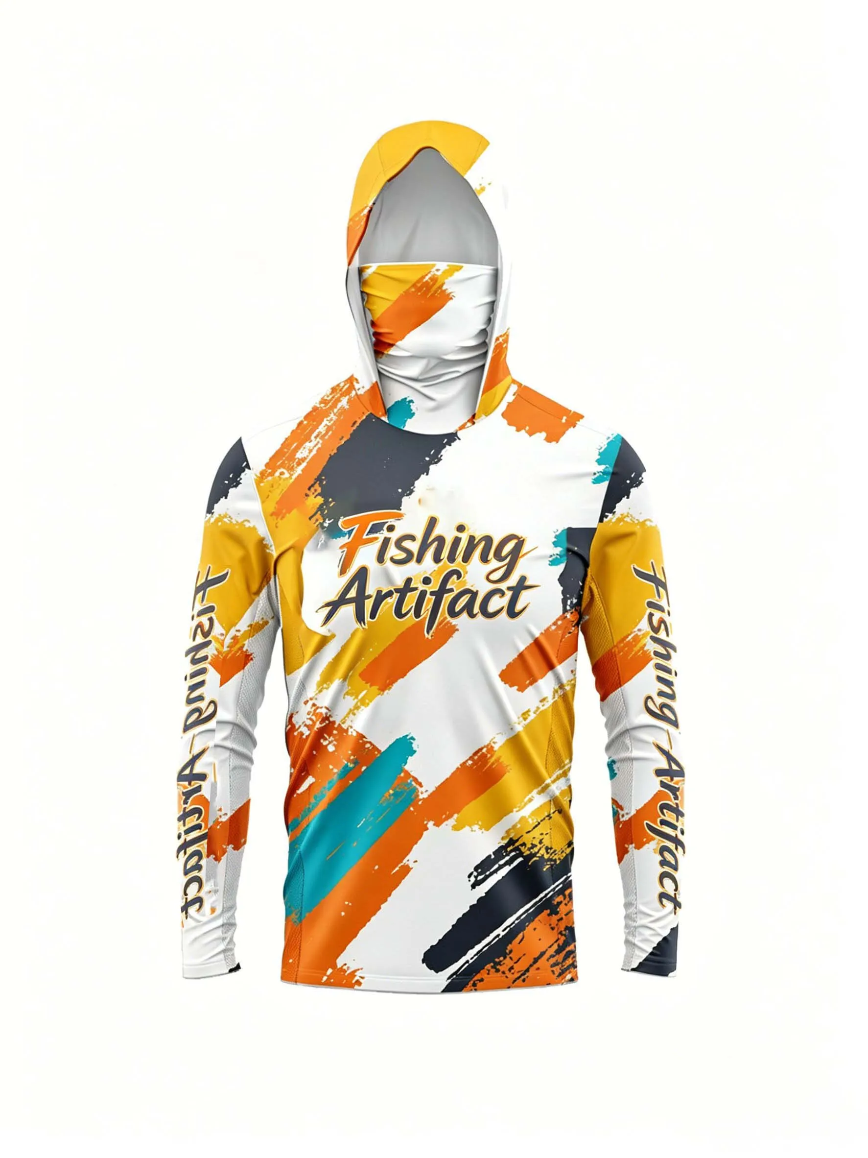 Breathable Quick Dry Men‘s Fishing Hooded Shirt, Long Sleeve with Face Mask and Front Letter Print, Lightweight Top