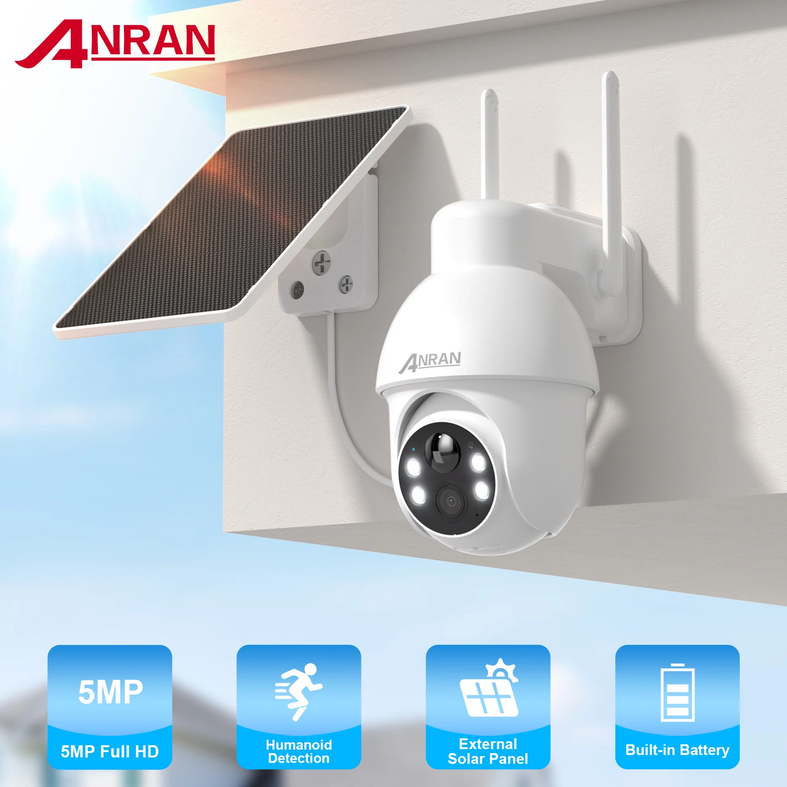 

ANRAN 5MP Солнечная камера Батарея WIFI Камера Открытый дом Безопасность Защита PIR Обнаружение человека Цвет Ночное видение Двустороннее аудио