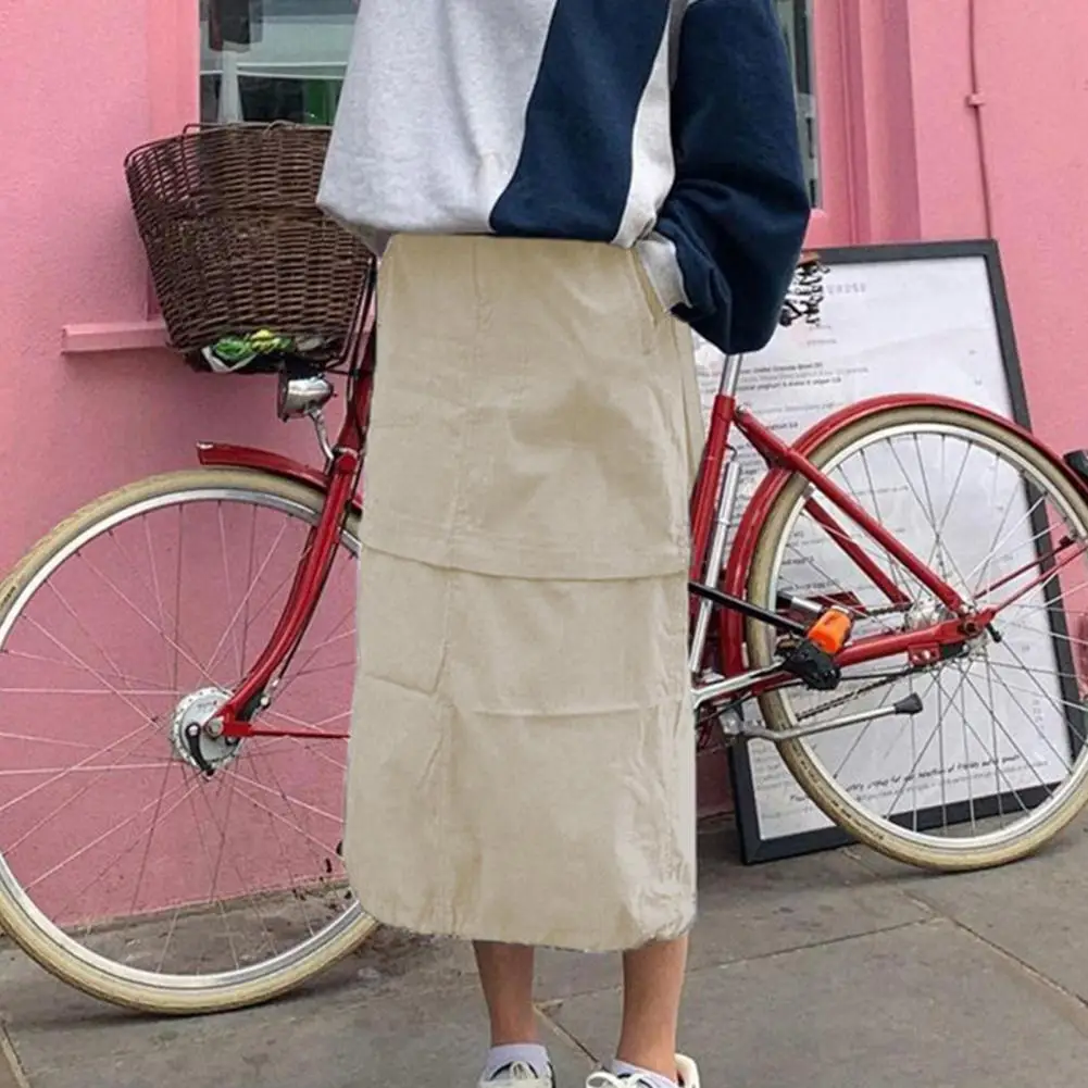 Harajuku Women's Long Cargo Skirt Solid Color Waist Drawstring Multi Pocket Straight Streetwear Loose Skirt