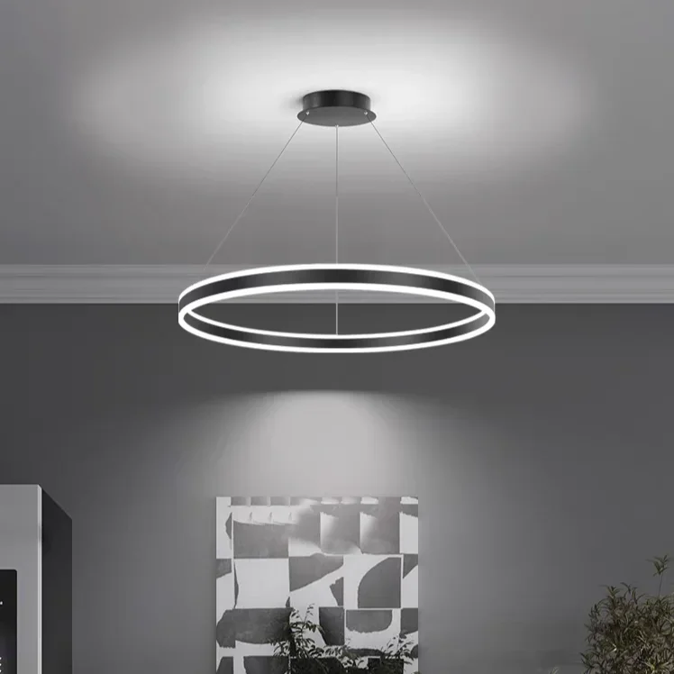 Nordic Circle Aluminum Chandelier Double Sided Luminous Living Room Bedroom Cream Style Duplex Hollow Long Staircase Loft Light
