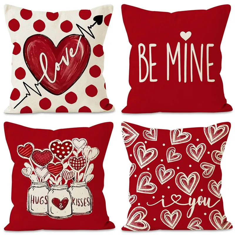 Valentine's Day Love Heart Print Home Decor Pillowcase Bedroom Living Room Sofa Decoration Polyester Cushion Cover with Zipper