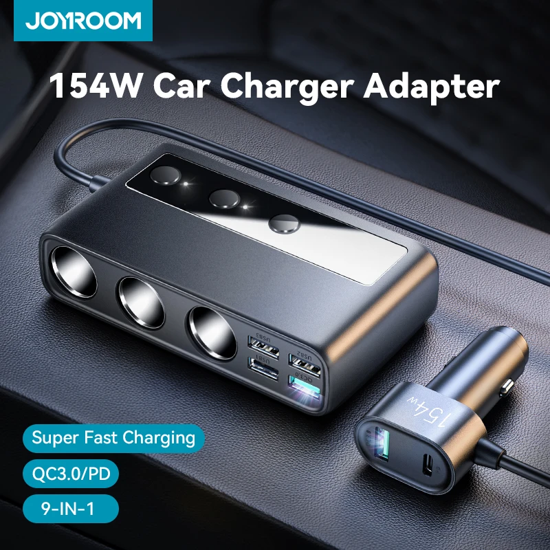 Joyroom 154W Car Charger Adapter 9 in 1 Cigarette Lighter Splitter PD/QC 3.0 USB Fast Charging Socket with Independent Switches