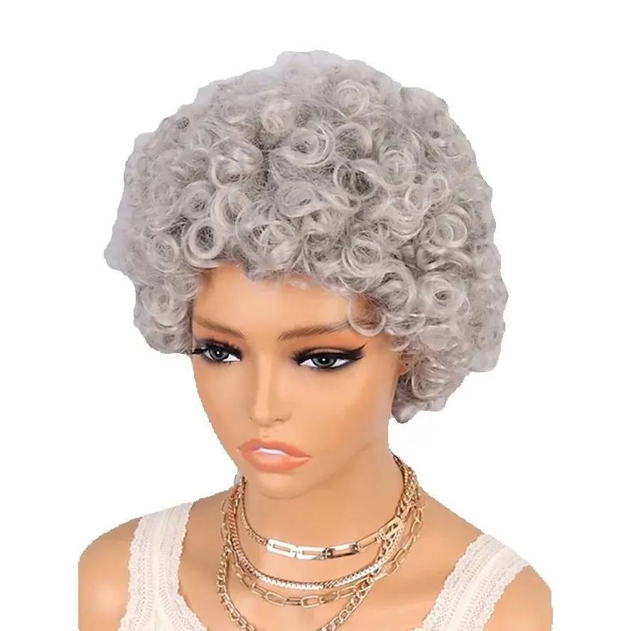 

Short Curly Synthetic Wig with Bangs Machine Made Afro Curly Grey Blonde Full Wig for Women Cosplay Party Daily Fashion Hair wig