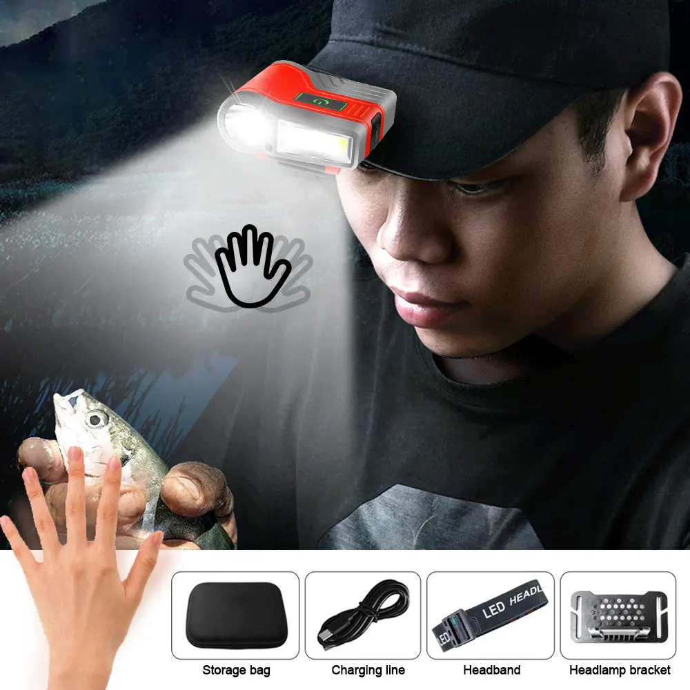 

Motion Sensor Headlamp Cap Clip Light USB Rechargeable COB Fishing Headlight 3 Light Modes Camping Lantern with Power Display