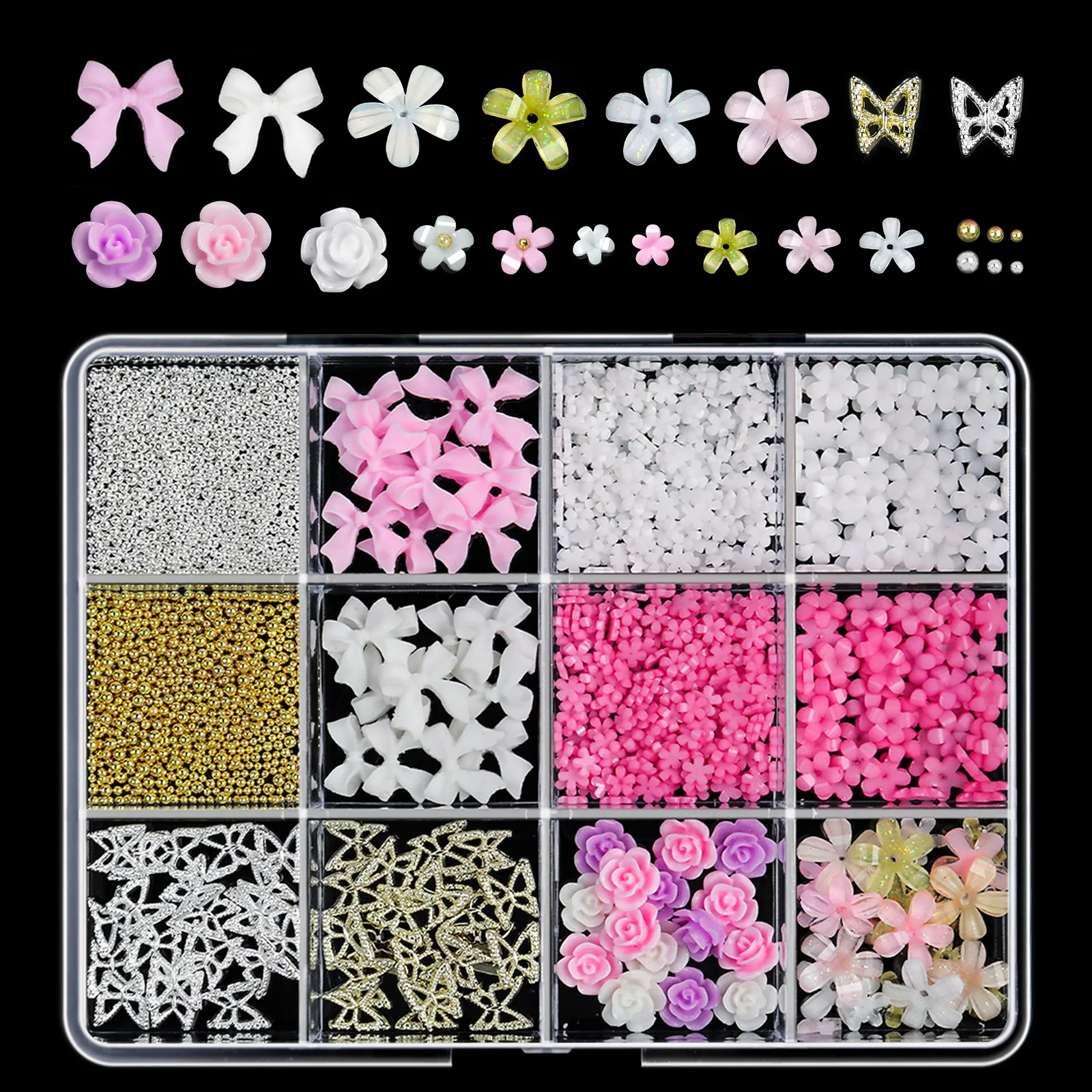 

12 Grids 3D Nail Art Decoration Flower/Roses/Bow/Butterflies/Gold & Silver Beads Nail Charms Nail Gems For DIY Nail Art Supplies