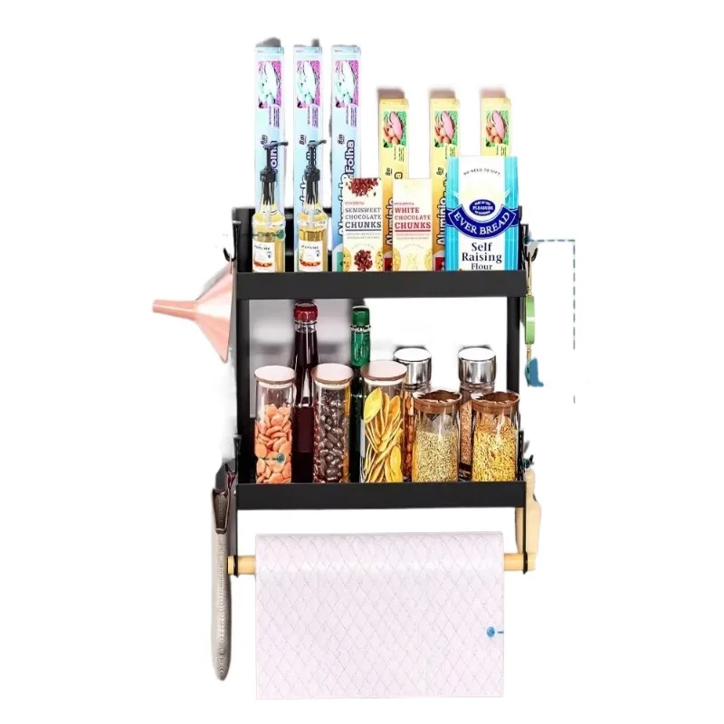 agnetic Refrigerator Shelf Spice Rack with Paper Roll Holder Kitchen Supplies Organizer Hooked Storage for Kitchen
