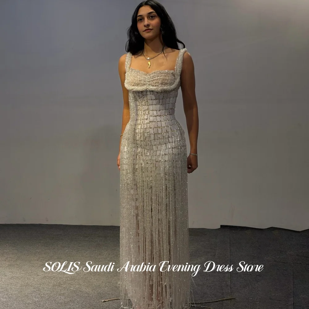 SOLIS Silver Square Strap Mermaid Prom Dress Mirror Sequins Tassel Fringe Sheer Mesh Luxury Formal Evening Party Gown Customized