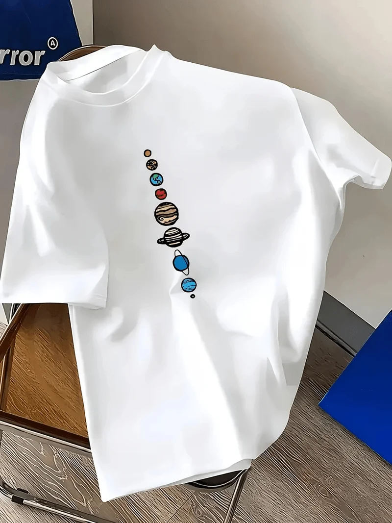 Men's Casual Short Sleeve T-Shirt Vibrant Planet Print Breathable Summer Tee Round Neck, Lightweight Comfortable, Gifts For Men