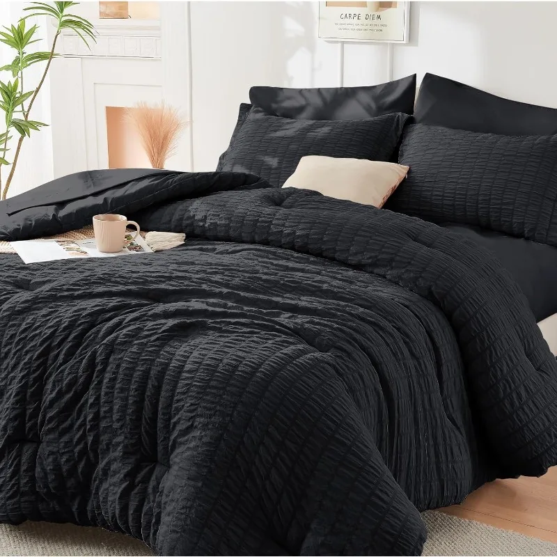 

Black Queen Comforter Set Seersucker 7 Pieces, All Season Luxury Bed in a Bag for Bedroom, Bedding Set with Comforters,