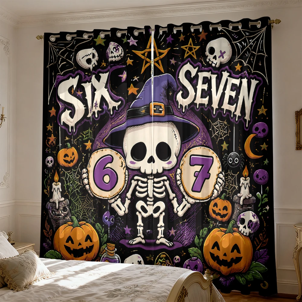 67 Skeleton Halloween Pumpkin 2 Panels 90g Polyester Curtains Funny Skull Trick or Treat Drapes Spooky Home Decor