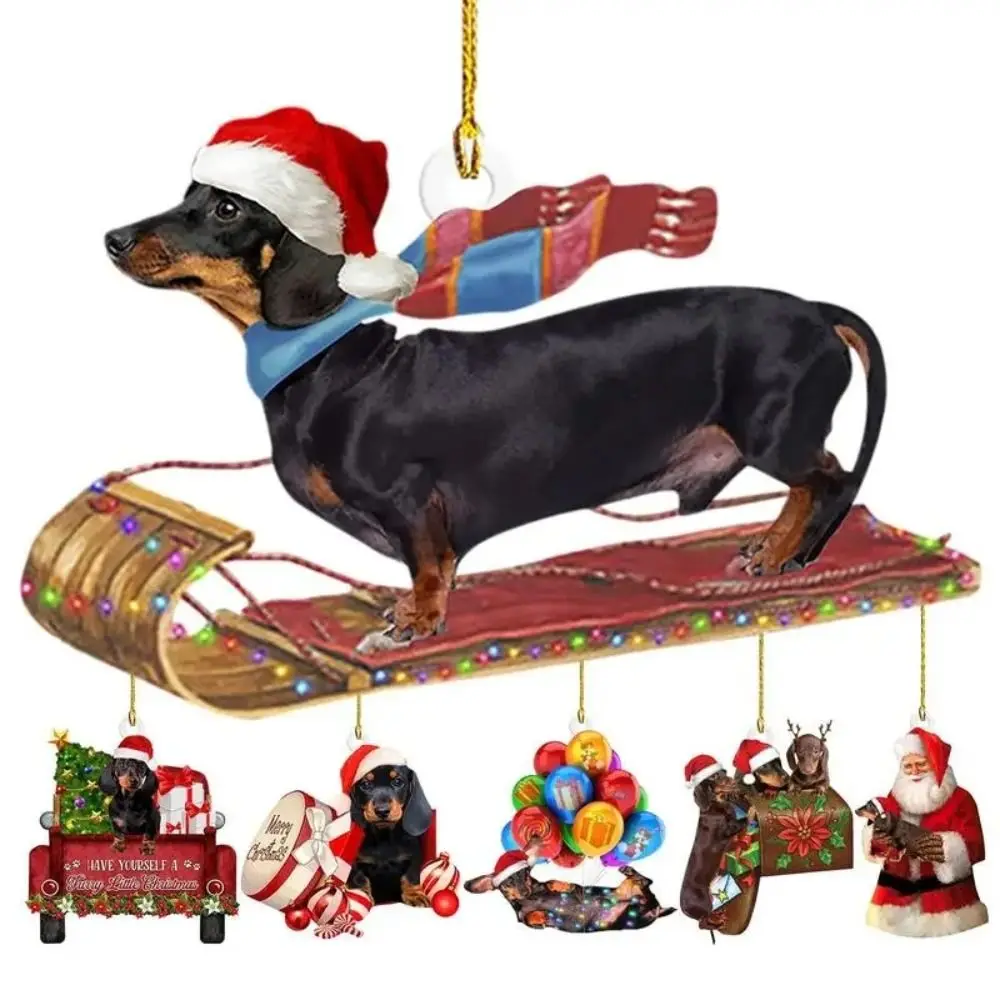 Acrylic Christmas Dachshund Ornaments Craft Car Mounted Decorations Christmas Tree Sausage Dog Pendant DIY Dog Decor