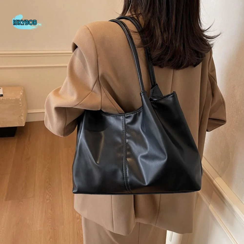 

Snap Button Large Capacity PU Leather Shoulder Bag Casual French Style Underarm bag Handbag Solid Tote Bag Outdoor