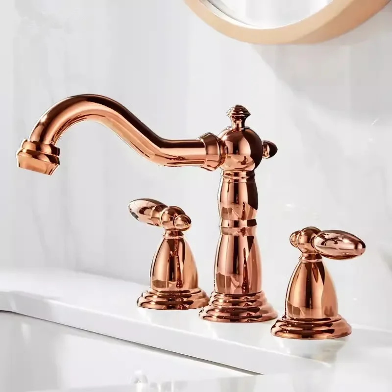 

Brushed Gold Bathroom Faucet Antique Basin Faucet Brass Rose Gold Sink Faucet 3 Hole Hot & Cold Widespead Wash Faucet Water Tap