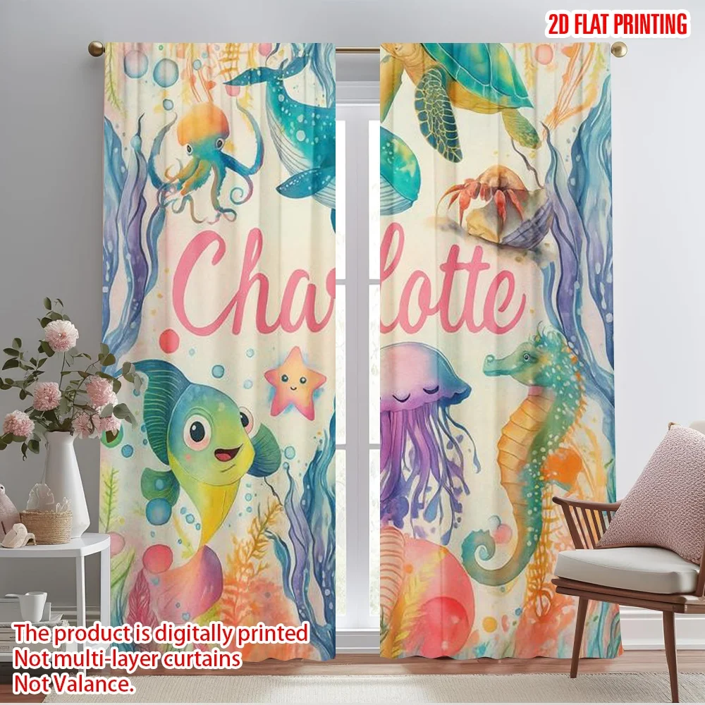 2pcs,2D plane printing Pattern Curtains Ocean Friends Dream Polyester Woven (without rod) Decorations Inside Ldeal for Home &
