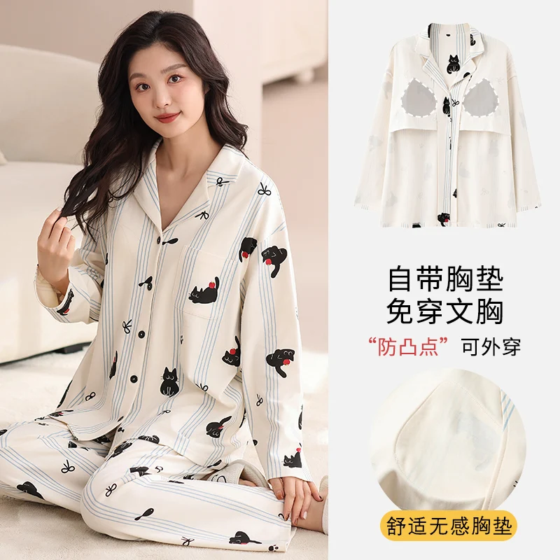 

Newest Women Pajamas Set Spring and Autumn 100% Cotton Pyjamas With Chest Pad Female Long Sleeve Sleepwear
