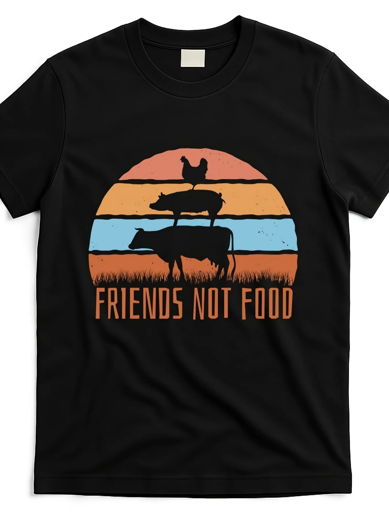 This Is A Black T-Shirt Featuring A Design That Promotes The Message 'Friends Not Food, ' Perfect For Animal Lovers And Vegans.