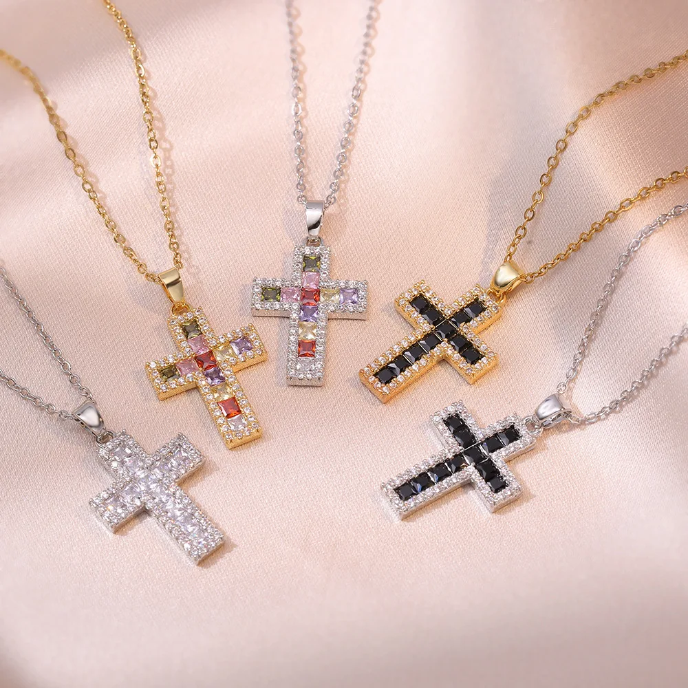 Luxus weibliche schwarze Regenbogen Zirkon Stein Kreuz Anhänger Halskette Vintage Gold Farbe Hochzeits schmuck für Frauen