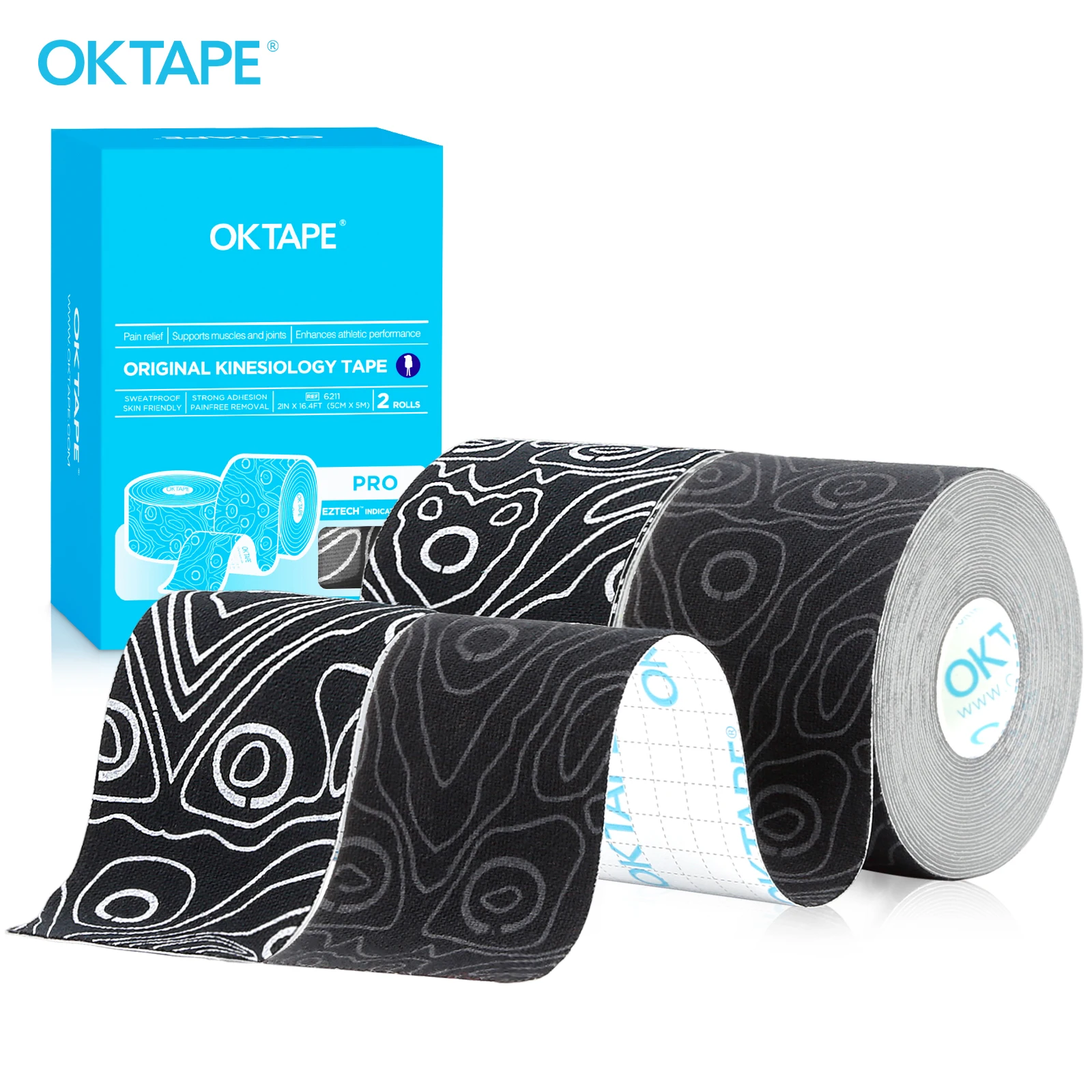 2 rolki OK TAPE PRO taśma kinezjologiczna, nowe opakowanie taśma o swobodnym kroju 5 cm x 16 stóp, zaktualizowana elastyczna taśma sportowa terapeutyczna bez lateksu