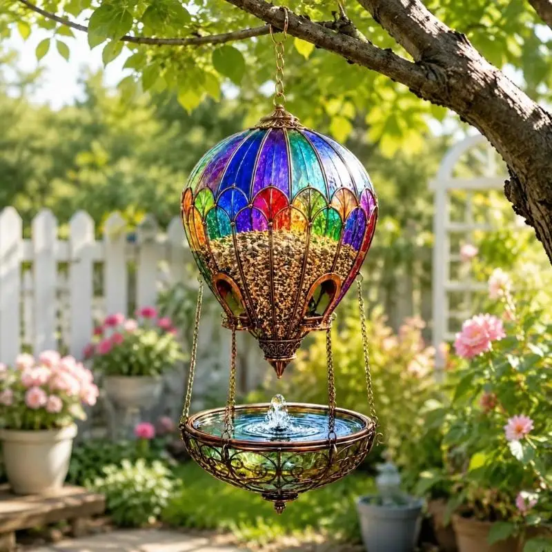Hanging Bird Feeder with Acrylic Balloon Body, Multiple Feed Openings, Exterior Perches, and Suspended Water Bowl for 37JD