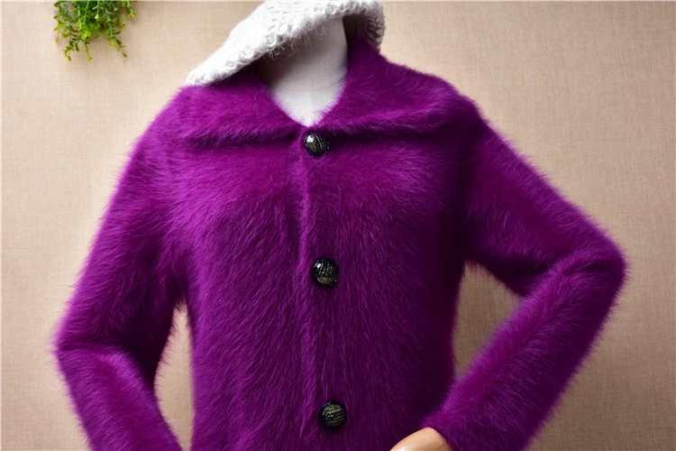 ladies women fashion purple hairy plush mink cashmere knitted turn-down neck slim cardigan angora fur jacket coat sweater pull