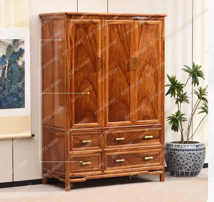 Camphor wood whole board large wardrobe three-door hanging bedroom storage cabinet
