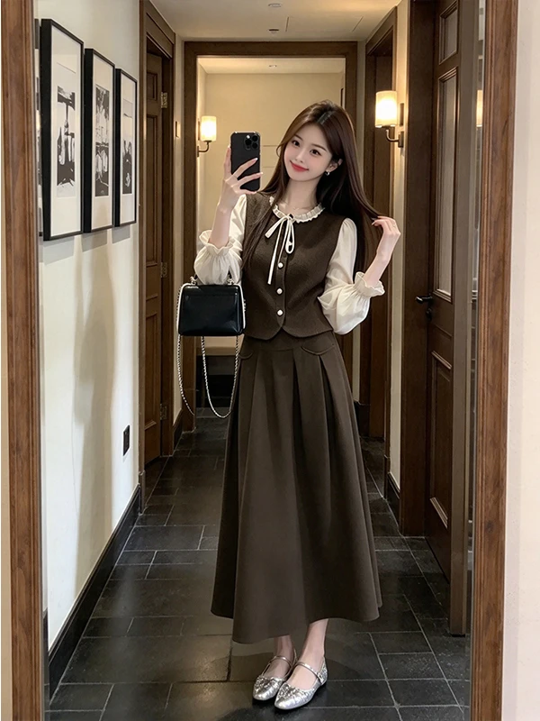 Elegant Slimming High Waist Long Sleeve Midi Skirt Set with Wood Grain  Autumn New Arrival Fashionable Women's Outfit