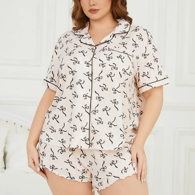 

Summer Women's Pajamas Sets Short Sleeve Notched Collar Front Button Top & Elastic Waist Shorts Home Suit Loungewear Sleepwear