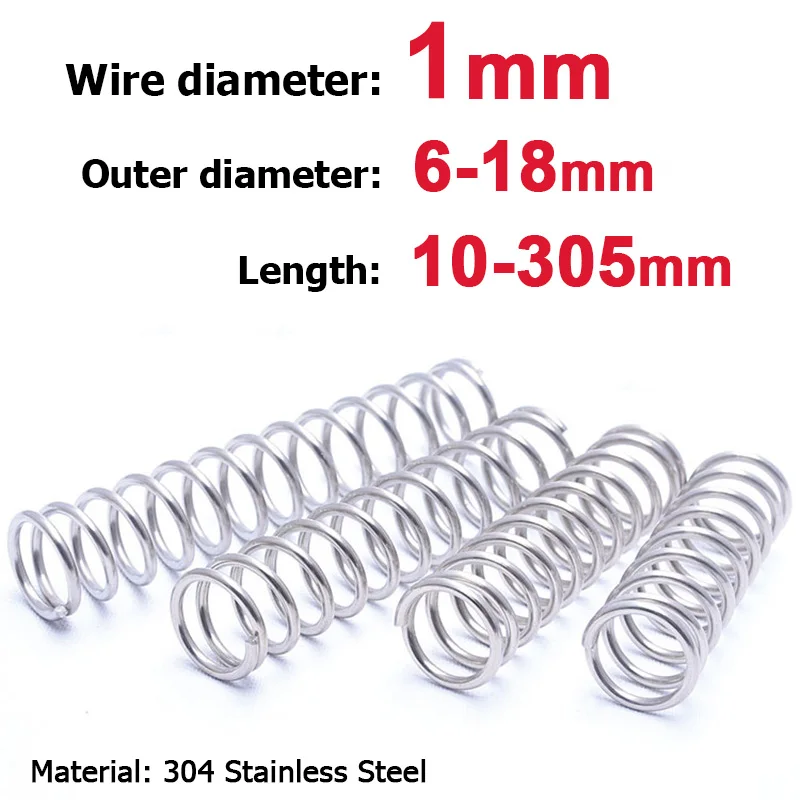 Resorte de compresión en forma de Y de acero inoxidable 304, diámetro de alambre de 2-10 piezas, 1mm, OD 6/7/8/9/10/11/12/13/15/16/18mm de longitud 10-305