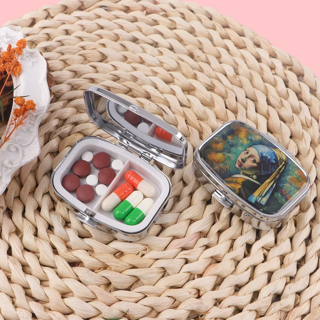 Zinc Alloy Pill Case Zinc Alloy Pill Case With Mirror Art Print Pill Holder Chic For Backpack Purse Outdoor Activities