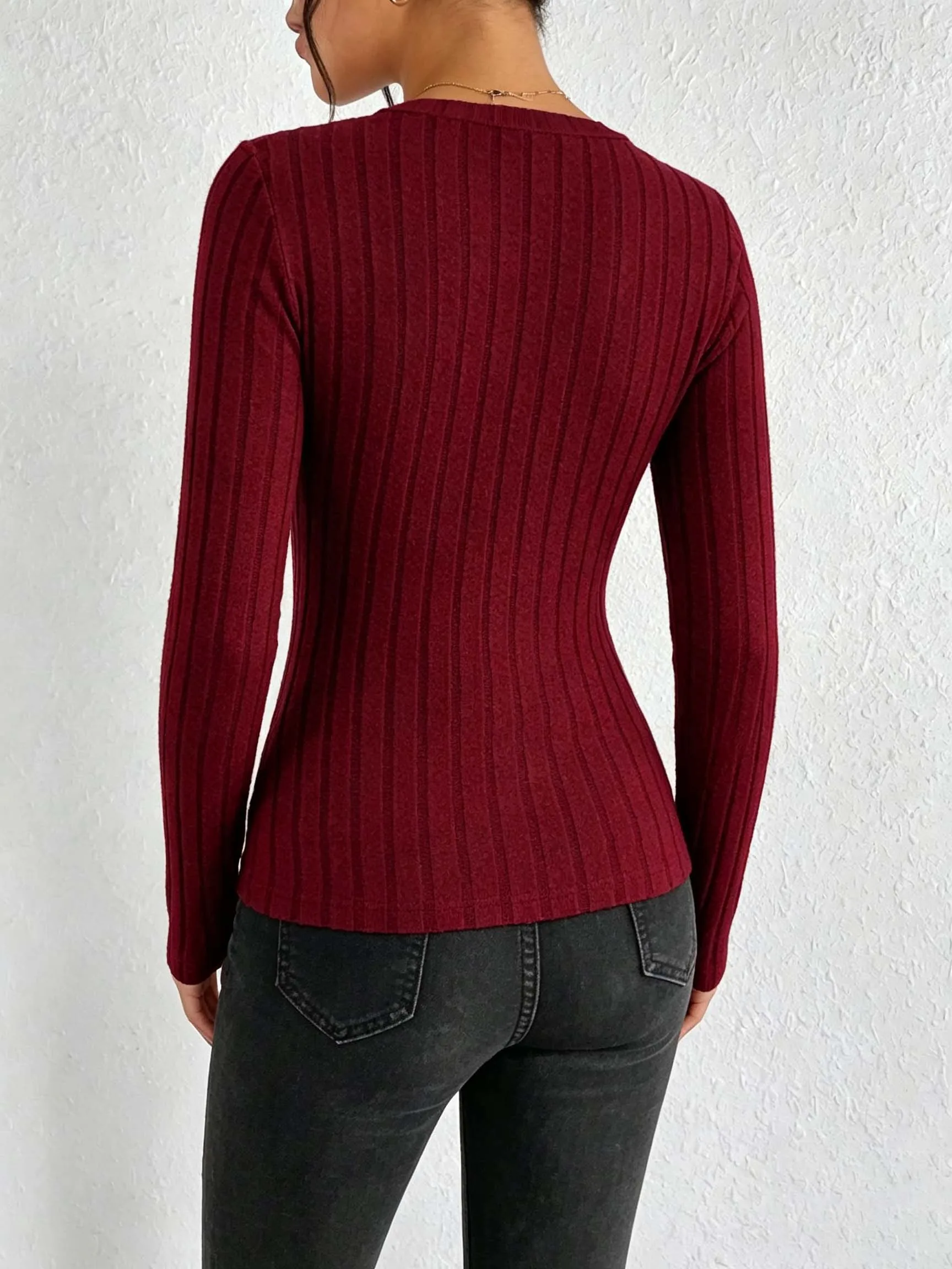 Women Solid V‑Neck Ribbed Knit Top, Slim Fit Stretchy Long Sleeve Basic Casual Tee Shirts view 3