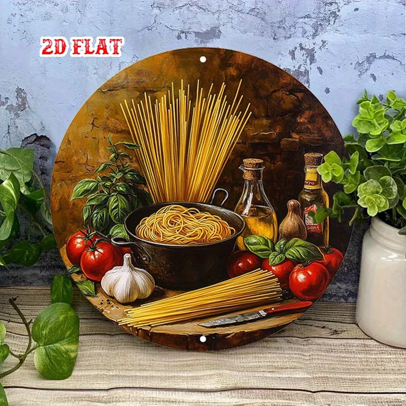 1pc Rustic Italian Kitchen Wall Art - 19.99cm Round Aluminum Metal Sign with Spaghetti, Tomato, Basil & Garlic Design, Durable I