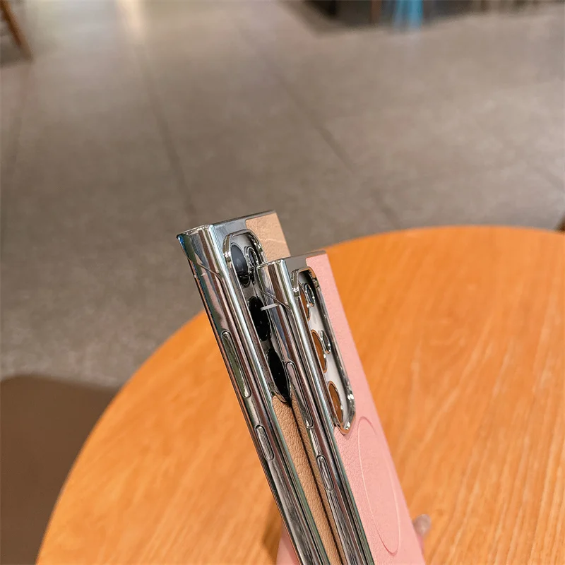 Para Samsung Galaxy S24 S25 Ultra Plus revestimiento de lujo sin marco magnético para Magsafe funda de teléfono dura de cuero de PC cubierta a prueba de golpes