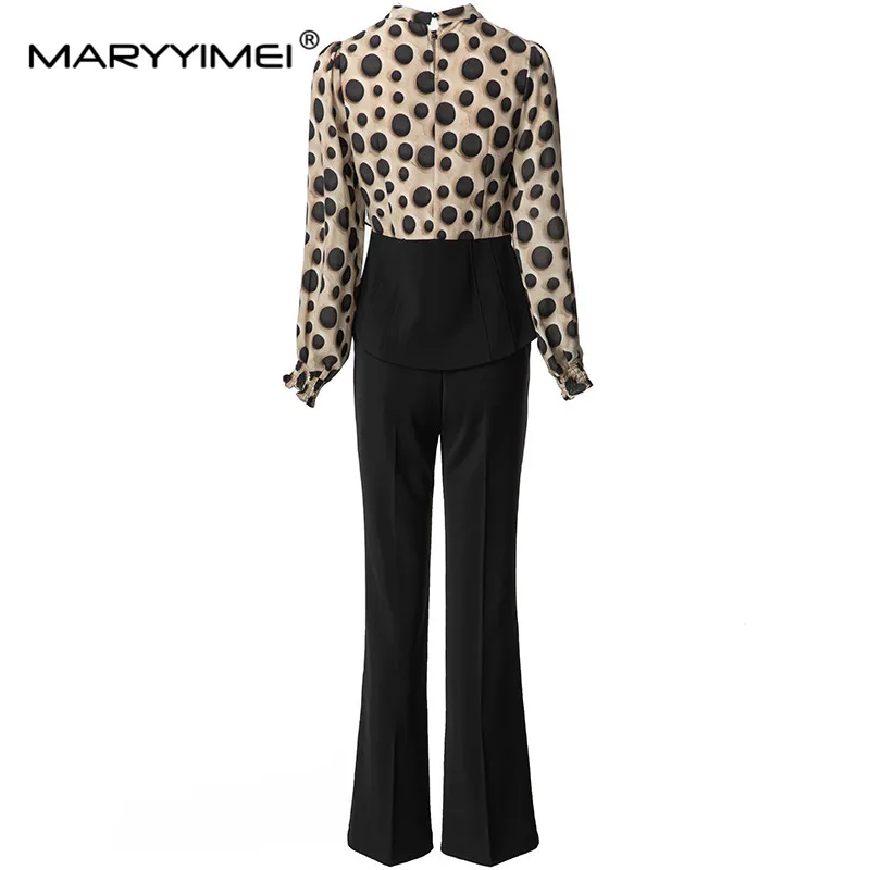 MARYYIMEI Women's Commuter Suit Scarf Collar Appliques Dot print Top+Elastic Waist Wide leg pants Autumn and Winter 2 piece set