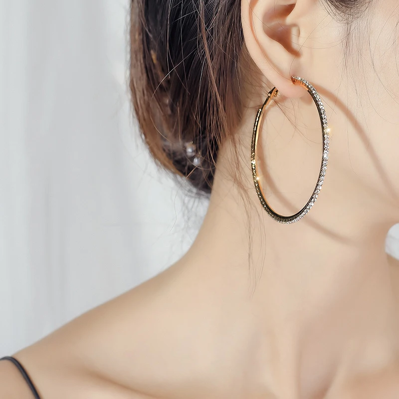 Mode 30-80mm Hoop Ohrringe Für Frauen Mädchen Kristall Strass Ohrringe Gold Silber Farbe Runde Ohrringe Partei schmuck Geschenk – Detail 4