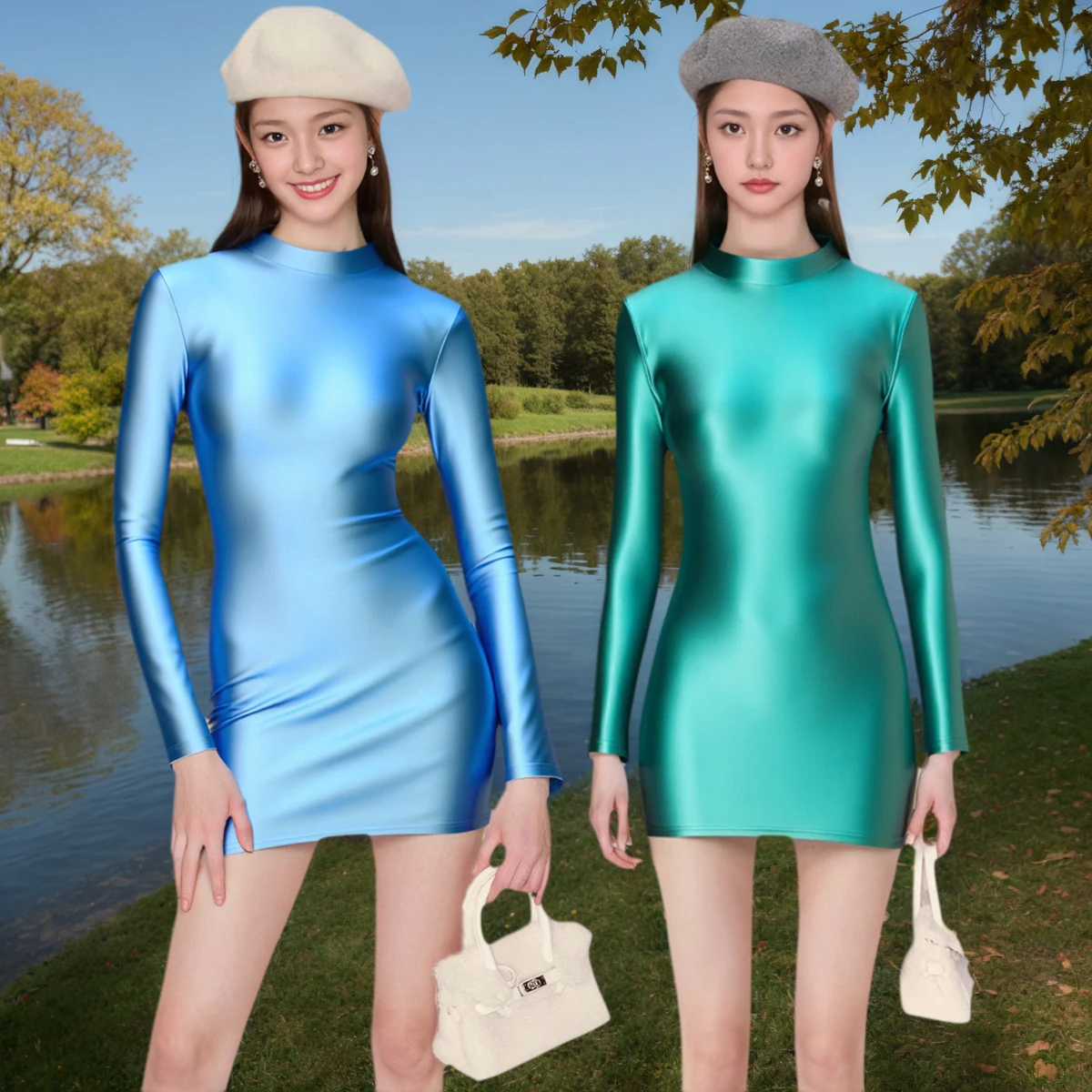 MJINM Glossy Silky Smooth Spandex Simple Classic Official Dress High Neck Longsleeve Hipwrap One-Step Tight Skirt Party Clubwear
